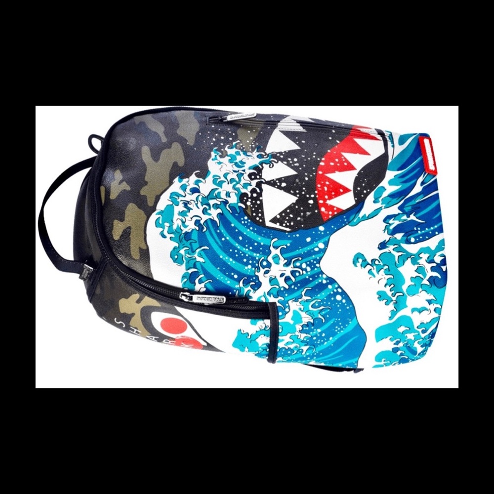 Authentic Sprayground Leather Camo & Wave Print Shark Print Backpack